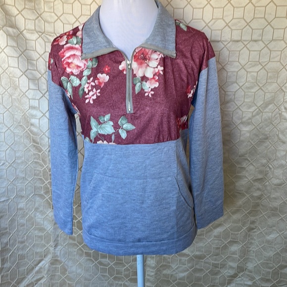 AlvaQ Sweatshirt Casual Long Sleeve Quarter Zip Color Block Floral Pullover S - Picture 11 of 16